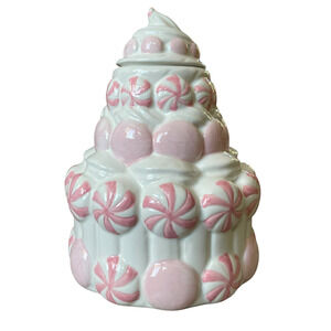 Peppermint & Pine Christmas Peppermint Candy Cookie Jar Pastel Pink & White New